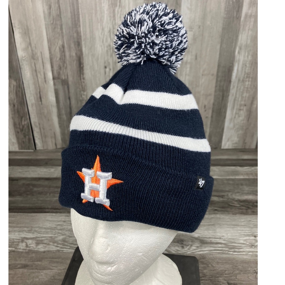 47 Brand Houston Astros MLB Navy Blue Striped Cuffed Pom Beanie Hat OSFA